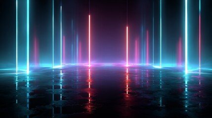 Abstract futuristic background. Night scene with neon, light reflection on floor.