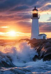 Beautiful lighthouse stands on a rocky shoreline, overlooking the crashing waves of the ocean