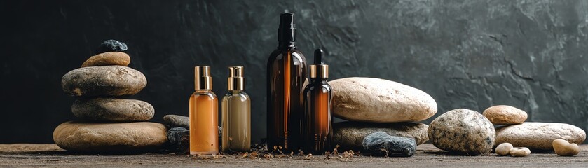 Naklejka premium Elegant arrangement of bottles and stones.