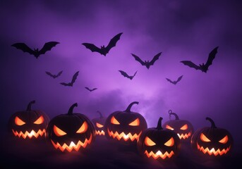 Naklejka premium Halloween night scene with glowing jack o' lanterns and bats silhouettes against a purple foggy sky. Spooky holiday concept for backgrounds and decorations.