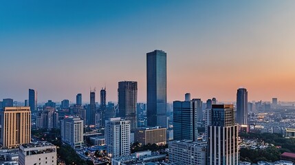 Aerial View of Modern City Skyline at Dusk, Towering Skyscrapers Against Pastel Sunset with Vibrant Urban Life