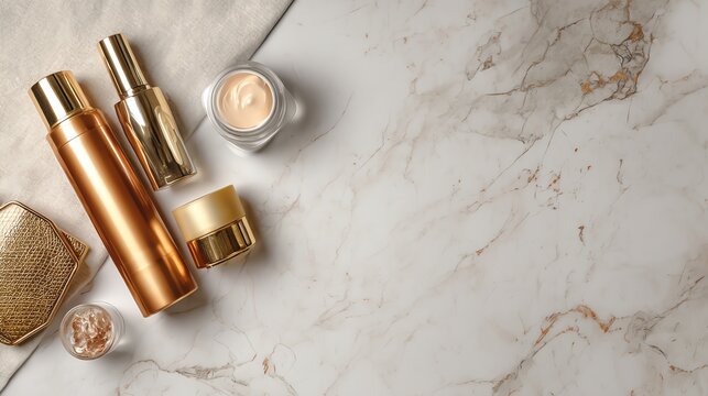 Elegant beauty products on marble surface.