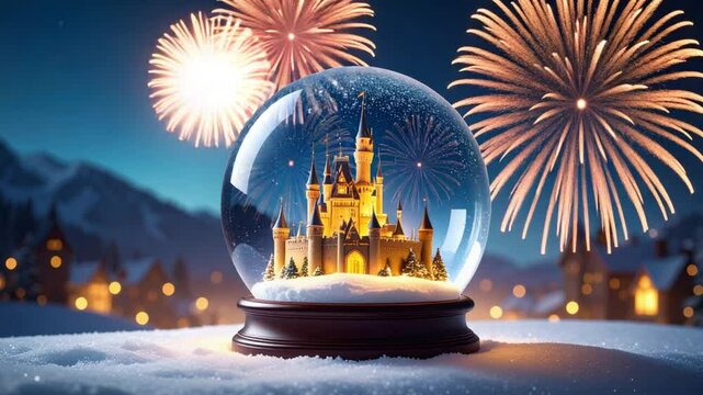 Enchanting snow globe featuring a castle surrounded by fireworks at night, evoking magic
