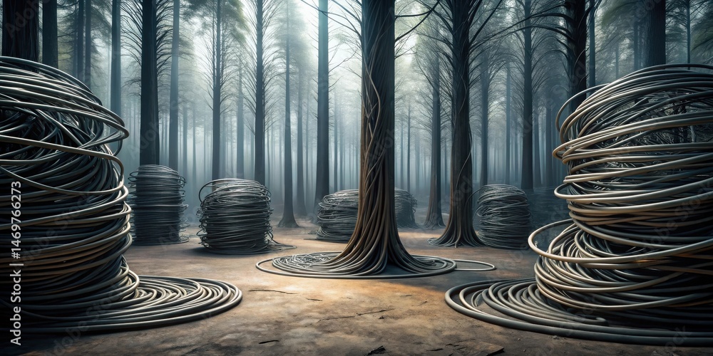 Poster mysterious coils of wire scattered amongst a misty forest, creating an otherworldly scene.