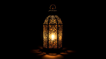 Enchanting Lantern Glow: Illuminated by a soft, warm light, this ornate lantern casts intricate shadows against the darkness, emanating a sense of mystery and tranquility.