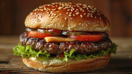 Juicy Grilled Burger with Sesame Bun Lettuce Tomato Cheese Pickles Delicious Fast Food Meal