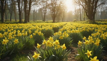 Sunlit daffodils burst forth in vibrant yellow, lush green field , scenery, landscape, sunny