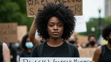Empowered Black Woman at Protest Holding 'Black Women's Matter' Sign Amidst Supportive Crowd Advocating for Racial and Gender Equality