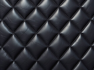 Close-up of a luxurious, dark black quilted leather pattern with diamond shapes and stitching.