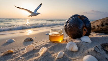 Obraz premium Honey Jar, Coconut, and Seashells on a Sandy Beach at Sunset