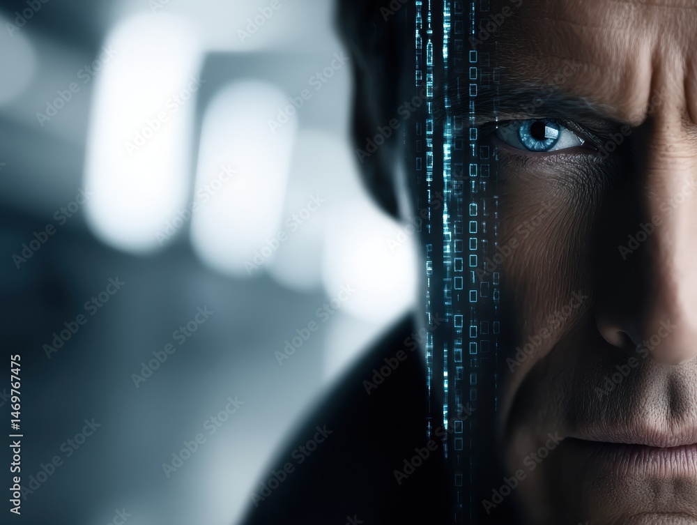 Poster a futuristic close-up of a man's face with digital code overlay, symbolizing artificial intelligence