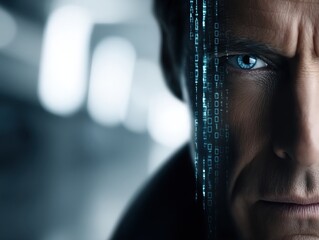 A futuristic close-up of a man's face with digital code overlay, symbolizing artificial intelligence and human-technology integration.