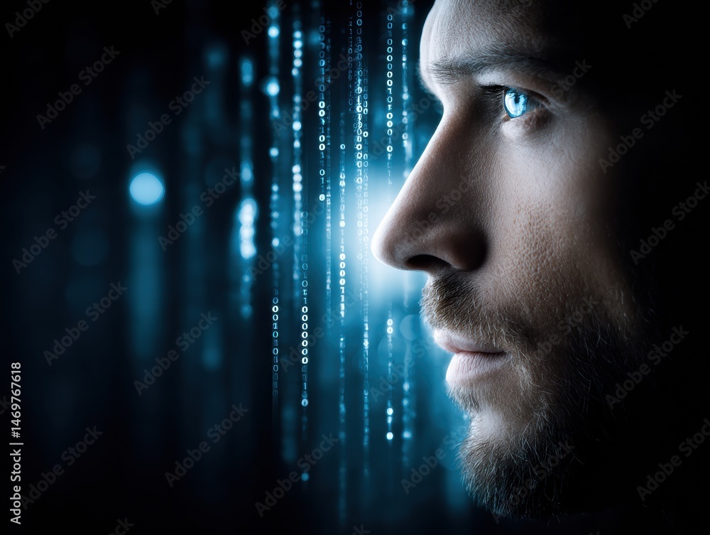 Poster a focused man gazes at digital data streams, reflecting technology and innovation in a futuristic se