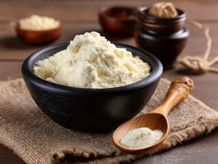 Fototapeta premium Shea Butter Powder in Black Bowl with Wooden Spoon