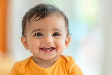 indian luxury baby teething, with only two front teeth on his mouth, modern room background.