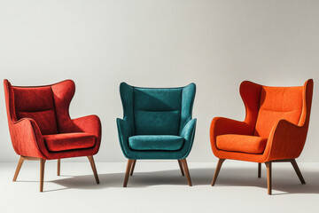 three modern chairs in different colors