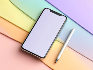 Smartphone Mockup with Stylus on Pastel Layered Background