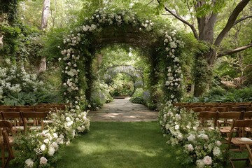 Naklejka premium Beautiful outdoor wedding ceremony setup with floral archways and wooden chairs in a lush garden
