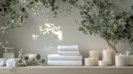 Serene Spa Arrangement with White Towels, Candles, and Greenery for Relaxation and Wellness Atmosphere