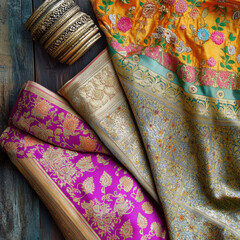 a traditional Indian saree elegantly spread out on a table, showcasing intricate patterns and vibrant colors