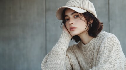 Young woman in cozy sweater and cap posing thoughtfully against a textured gray background in soft lighting
