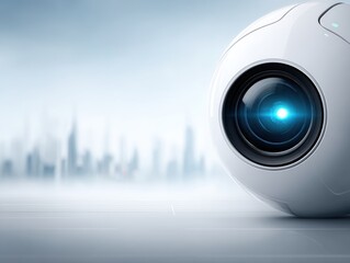 Futuristic spherical camera lens with a glowing blue light, set against a blurred cityscape background.