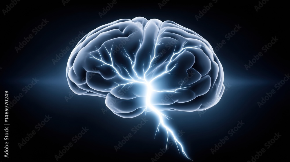 Poster a glowing brain with lightning inside it, symbolizing energy, intelligence, and neural activity on a