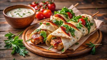 Grilled chicken skewers wrapped in a warm flour tortilla with fragrant fresh herbs and a rich flavorful sauce drizzled on top, dinner idea, restaurant quality