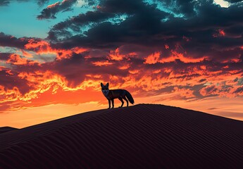 Fox is standing on a sandy hillside at sunset. The sky is filled with clouds