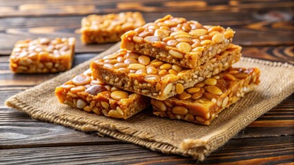 Crunchy traditional Indian peanut chikki made from roasted peanuts and jaggery, with a golden brown color and speckled texture, placed on a wooden background , nutty delight, traditional snack