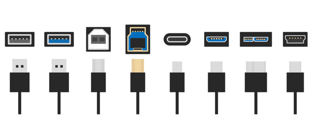 Variety of USB Connector Types Illustration – Type A, B, C, Mini, Micro, and USB 3.0