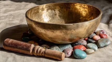 Golden singing bowl on colorful stones