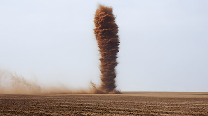 Dust Devil&rsquo;s Fury: An imposing dust devil spirals across an arid, desolate plain, its swirling vortex of dust and earth a stark reminder of nature's raw power.