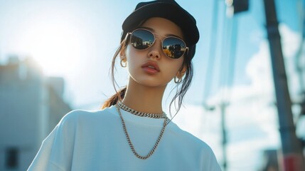 Young woman in sunglasses and cap posing outdoors with urban background under bright sunlight