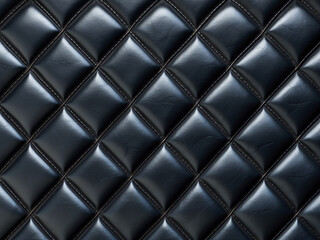 Close-up of a luxurious, dark black quilted leather pattern with diamond shapes and stitching.