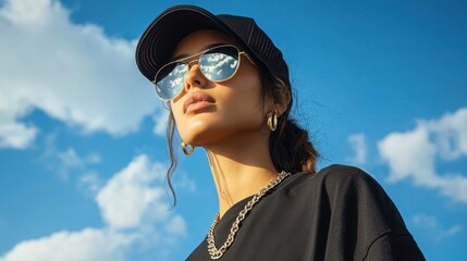 Stylish Young Woman in Sunglasses and Cap Posing Against a Bright Blue Sky with Fluffy Clouds