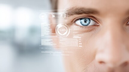 A man"s eye close-up with futuristic digital interface graphics overlaying, suggesting advanced technology or augmented reality.