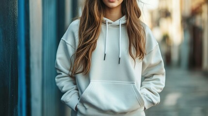 Young Woman Posing Confidently in a Cozy White Hoodie on a Vibrant Urban Street