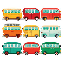 Nine  classic Bus arranged on a white background.