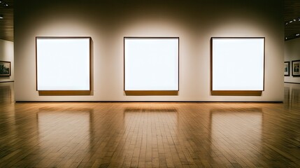 Empty art gallery display walls with polished wooden floor.