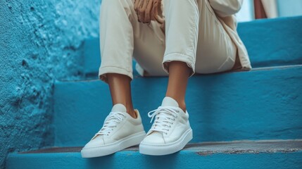 Casual White Sneakers on Steps in Bright Blue Background, Stylish Footwear for Everyday Fashion