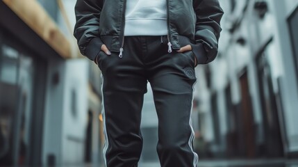Stylish young person stands confidently in urban alley wearing trendy bomber jacket and sporty pants