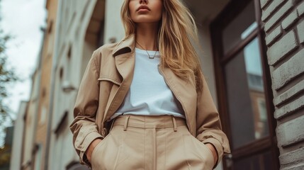 Stylish woman in beige trench coat with long hair posing confidently in urban setting
