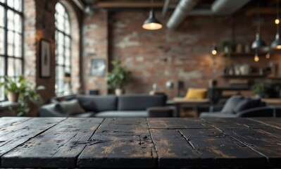 Fototapeta premium Black matte wooden table with blurred industrial loft background