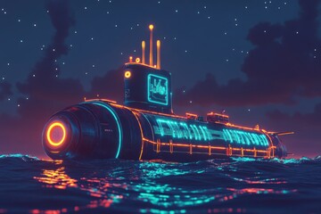An underwater submarine illuminated with glow exploring the ocean depths. No other surrounding elements visible in the image.