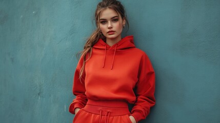 Young Woman in Bright Orange Hoodie Posing Against a Vibrant Blue Wall in Urban Fashion Photography