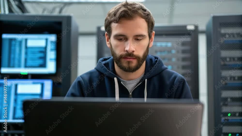 Poster focused computer engineering professional working laptop server room with technology, data, and netw