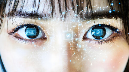Digital Gaze: A close-up shot captures the intense focus in a pair of eyes, overlaid with futuristic digital elements, symbolizing the convergence of technology and human vision.