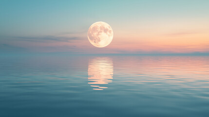 The full moon reflected on a calm body of water.
