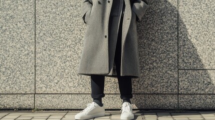Stylish Urban Fashion Statement with Gray Overcoat and White Sneakers Against Textured Wall Background